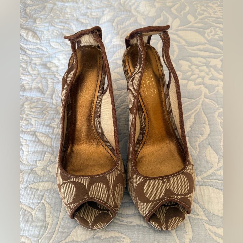 Coach Brown Signature Canvas Peep-Toe Slingback Wedges